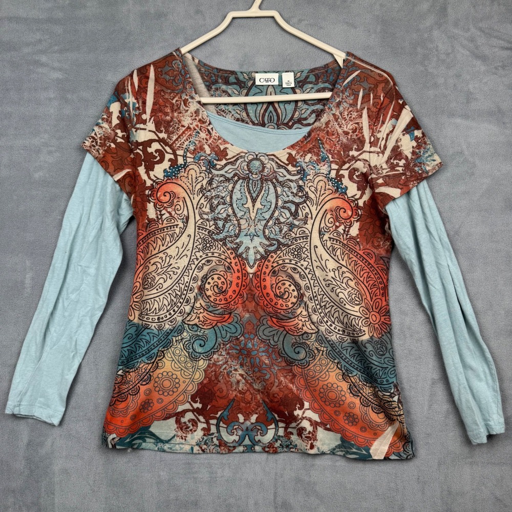 Cato Women's Blue Paisley Print Layered‎ Long Sleeve Tunic Top Size M